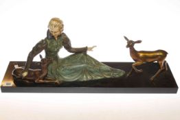 Art Deco figure group of lady and deer on marble base