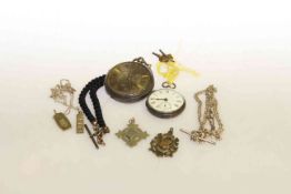 Two silver pocket watches, chains,