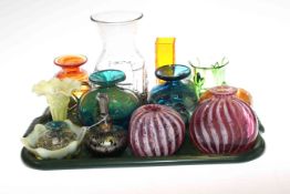 Tray of coloured glass vases and scent bottle including Mdina