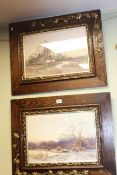 Pair oak framed coloured landscape prints