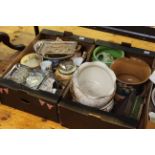 Two boxes of jardinieres, teapot, biscuit barrels, silver plated ware,