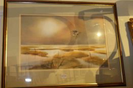 Ken Tidd, Heron in flight, watercolour, signed lower left, 34cm by 54cm,