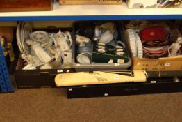 Three boxes of glass and china, silver spoon and fork, Worcester Evesham, figures, cricket bat,