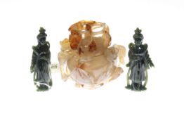 Chinese carved agate covered vase and a pair of carved jade figures,