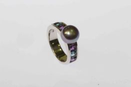 Contemporary silver and cultured pearl ring,