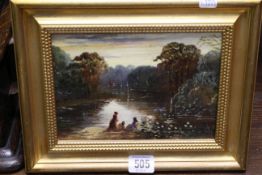 Figures by a River, oil on board, 14cm by 18.