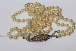 Cultured pearl and diamond two-row necklace, 46 grams,