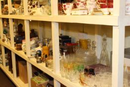 Full shelf of glass and china, metalware, fur-hat and stole, vintage Arial radio,