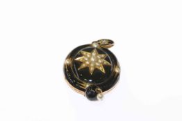Victorian enamel and pearl set mourning pendant locket, cased, 25 grams,