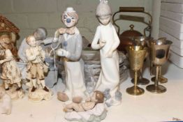 Brass table lamp, figure lamp, Nao and other figures, copper kettle, collectors plates,