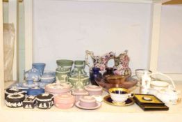 Collection of Wedgwood Jasperware, two Faience jugs, pair of overlay glass vases, Aynsley,