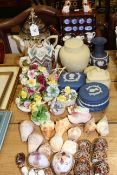 Collection of carved shells, Wedgwood pieces,