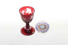 Red stained goblet and glass paperweight (2)