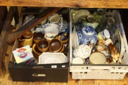 Two boxes of decorative china including Royal Doulton Oliver Twist mug