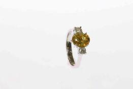 18 carat white gold, yellow sapphire and diamond ring, yellow sapphire approximately 2.