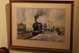 Eric Thompson, Steam Locomotive at Barnard Castle, watercolour, signed lower right, 35.5cm by 54.