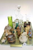 Glass claret decanter and six glasses, Doulton Bunnykins figures, Belleek jug and bowl,