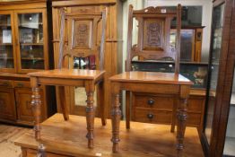 Pair Victorian oak carved panel back hall chairs