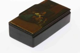 19th Century papier-mache snuff box, the cover painted with 18th Century figures,