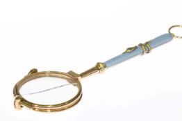 Russian gold and enamel lorgnette, signed HW to the suspension ring,