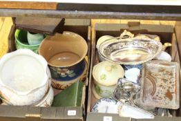 Two boxes of jardinieres, teapot, biscuit barrels, silver plated ware,