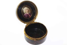French lacquered and painted snuff box, the cover centred by a musical trophy,