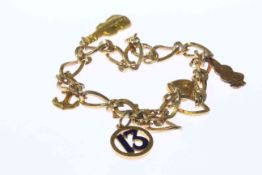 9 carat gold charm bracelet with charms, gross 13 grams,