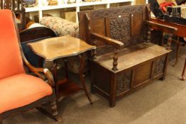 Carved oak monks bench and Edwardian occasional table