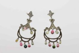 Pair of tourmaline and diamond tassel earrings, 5.