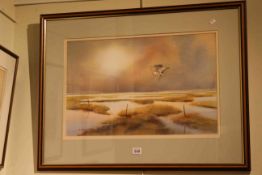 Ken Tidd, Heron in Flight, watercolour, signed lower left, 34cm by 54cm,