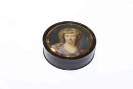 19th Century circular snuff box, with inset portrait miniature of a maiden, 7.