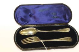 Victorian silver christening fork and spoon, London 1871, Old English bead pattern, cased,