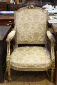 French gilt arched panel back open armchair