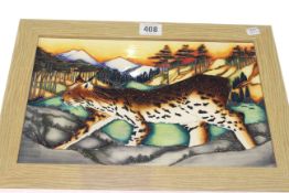 Moorcroft limited edition first quality plaque, Lynx, framed, overall 26cm by 36.