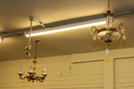 Five branch gilt metal and pottery chandelier and pair of wall lights and gilt metal and glass
