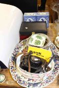 Pair silver plated wine bottle coasters, Rank Mamiya camera, flower bricks,