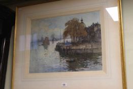 E.W. Haslehurst, Continental Harbour Scene, watercolour, signed lower right, 38.