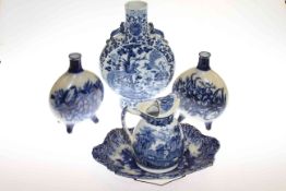 19th Century moon flask, two small Staffordshire footed moon flasks,