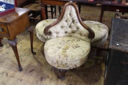 Victorian mahogany framed conversation settee in buttoned fabric