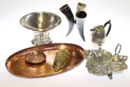 Pewter tazza, leaf dish and coffee pot, oval Newlyn copper tray, KSIA dish,