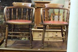 Pair early 20th Century spindle back office armchairs
