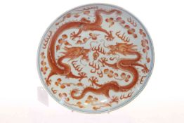 Chinese porcelain shallow dish with iron red dragons decoration, underglaze blue mark,