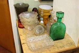 Collection of glassware including shades, vases, lamp,