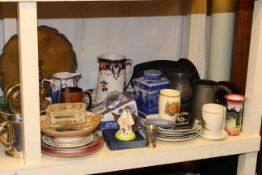 Oval mirror, camera, pewter tankard, various china, brassware,