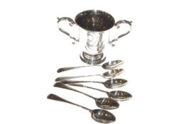 Set of six Edwardian silver teaspoons, Sheffield 1902, 3oz and George V silver two-handled cup,