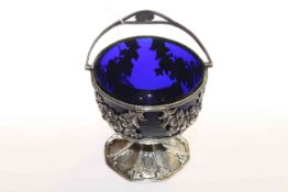Silver plated and blue glass sugar basket