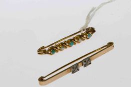 Late Victorian seed pearl and turquoise bar brooch and 9 carat gold and diamond bar brooch (2)