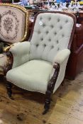 Victorian mahogany armchair on turned legs in deep buttoned sage green fabric