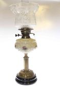 Brass column oil lamp with painted glass reservoir and etched shade