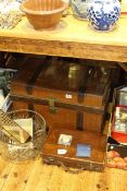 Old fashioned tin trunk, attaché case with young farmers ephemera, postcards, cigarette cards,